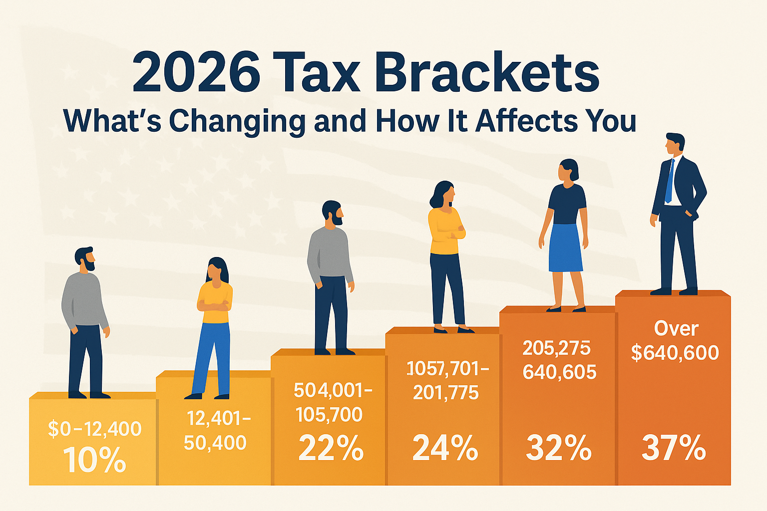 Illustration of 2026 U.S. federal tax brackets showing income levels and percentage rates.