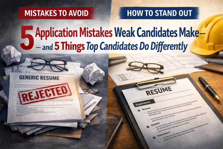 Split cover image showing weak candidate application mistakes on the left with a generic resume stamped rejected, and standout candidate habits on the right with a polished resume, plans, and a hard hat