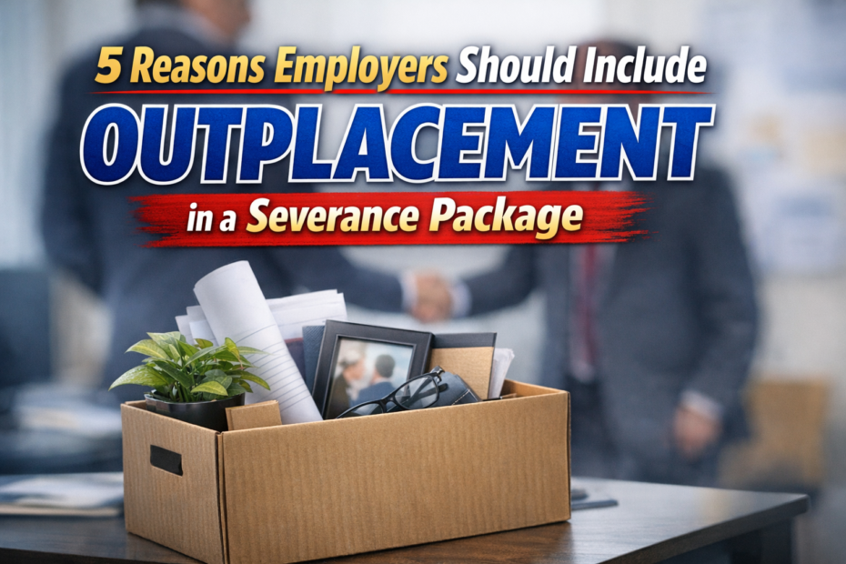 Employee severance box in an office with the headline “5 Reasons Employers Should Include Outplacement in a Severance Package”