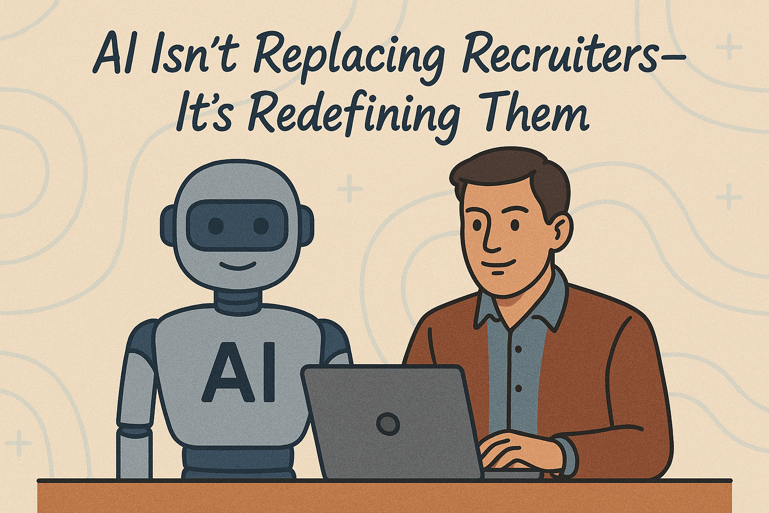 A recruiter and an AI-assistant dashboard working together — showing charts and candidate profiles on a screen with the recruiter in conversation with a candidate