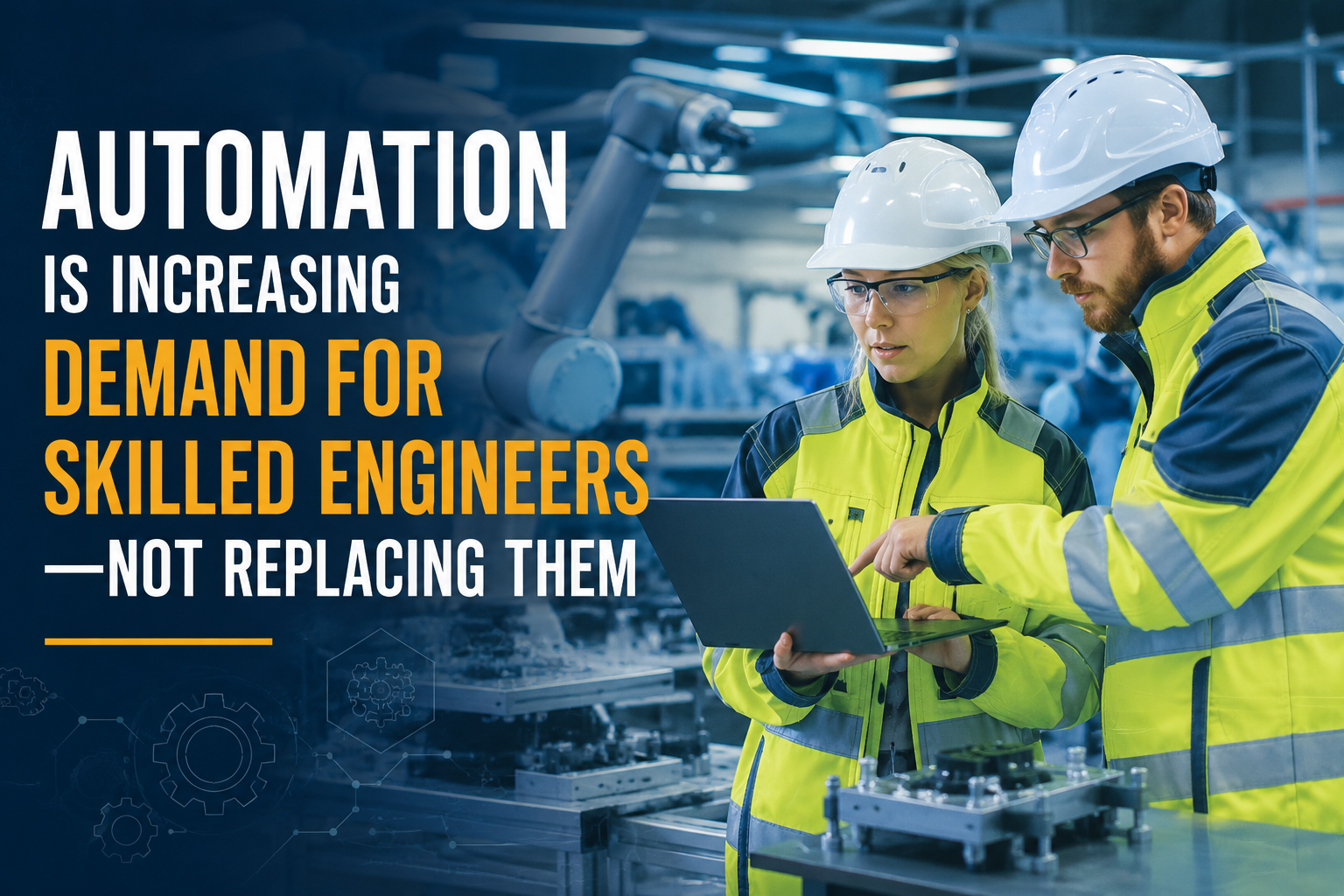 Two engineers wearing safety gear review automation systems on a laptop inside a modern manufacturing facility with robotic arms, illustrating how industrial automation is increasing demand for skilled engineers.