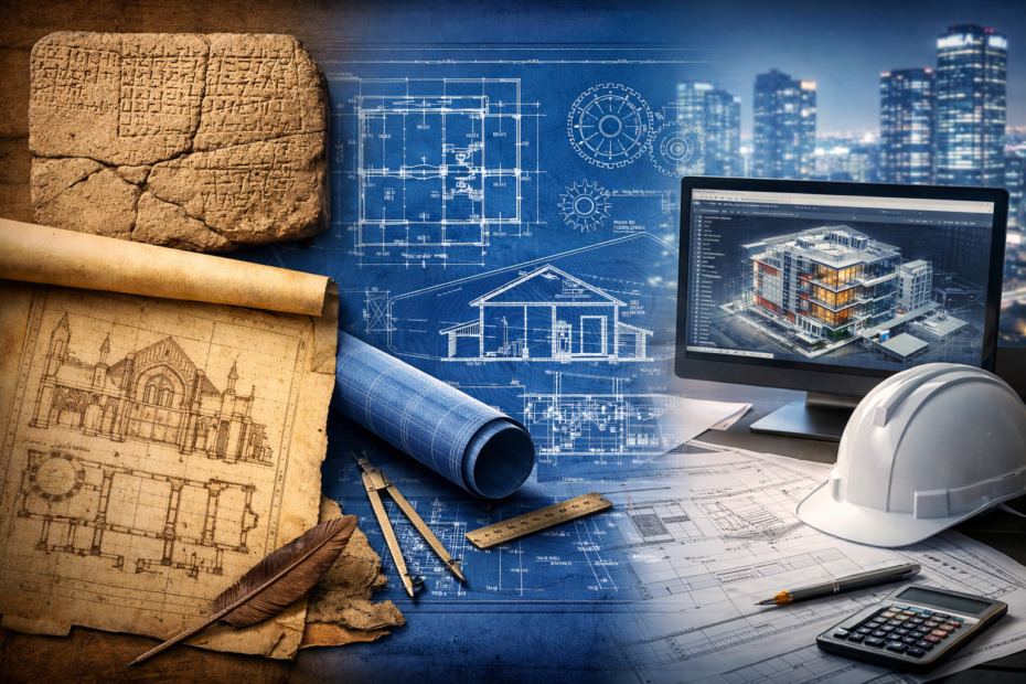 Image showing old paper scroll and stone blueprints and new age paper and digital blueprints.
