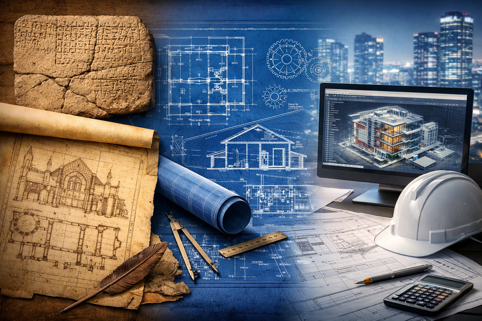 Image showing old paper scroll and stone blueprints and new age paper and digital blueprints.
