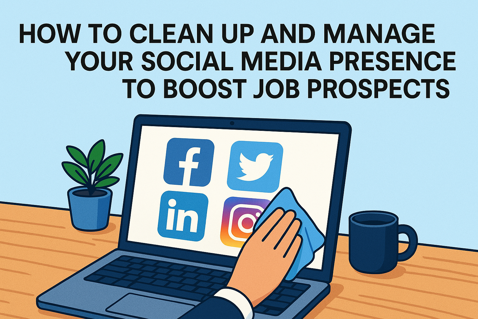 Professional cleaning up social media profiles on a laptop to improve job opportunities.