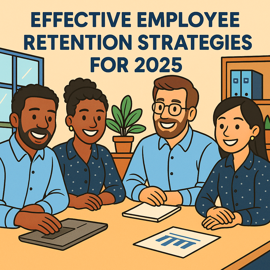 Diverse team collaborating at modern office table—representing strong employee retention and teamwork.