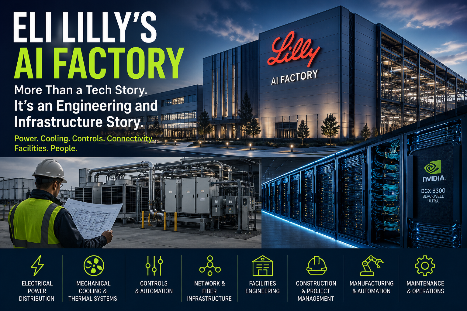 Eli Lilly AI Factory showing data center infrastructure, electrical power, cooling systems, controls, networking, construction, manufacturing automation, and engineering professionals.