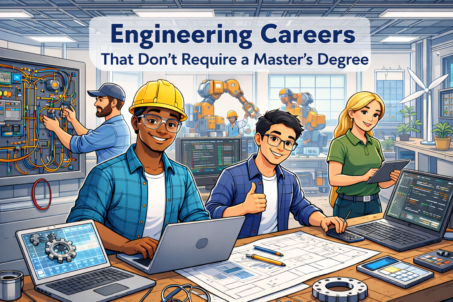 Engineers collaborating in a modern workspace without a classroom setting