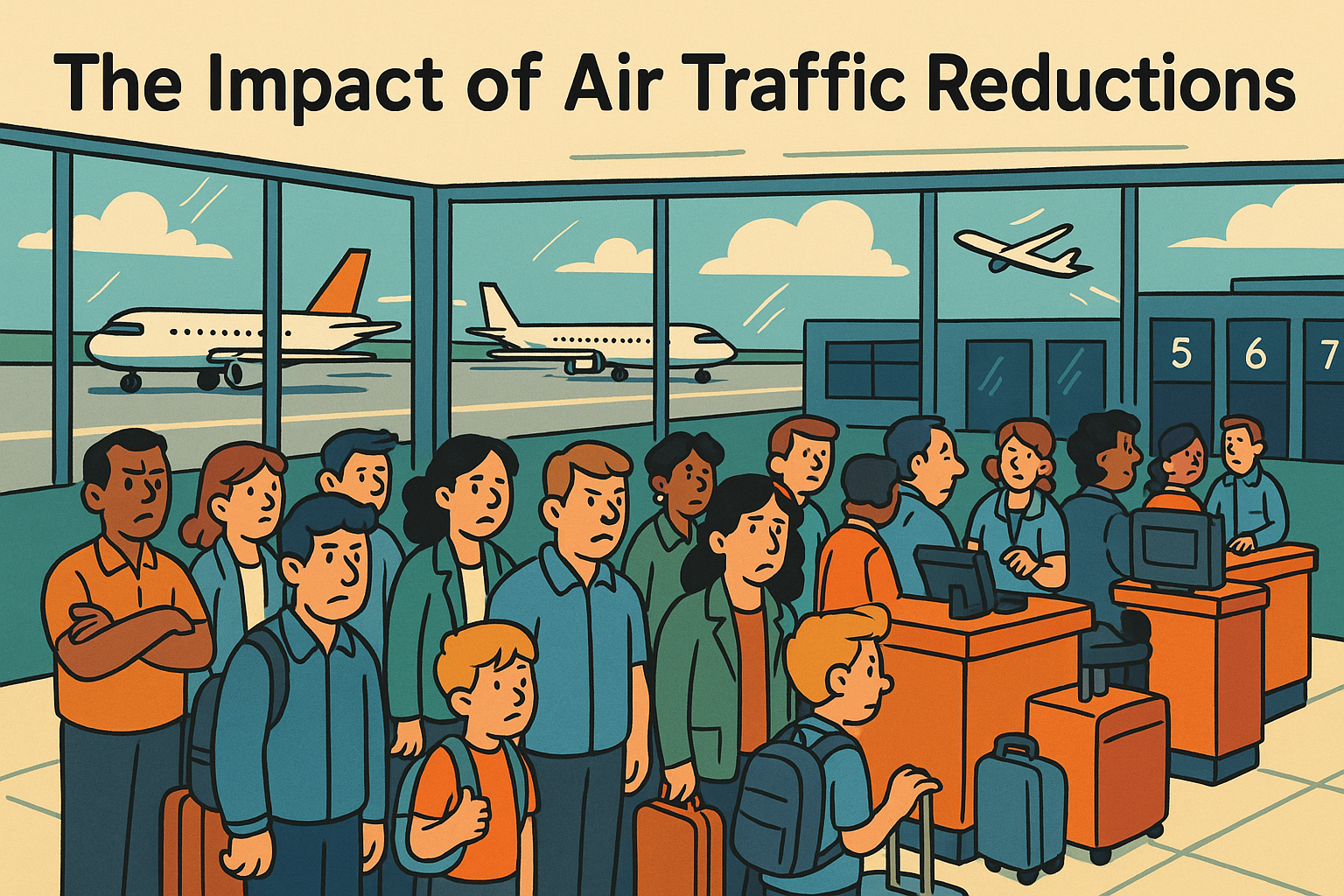 Passengers facing long lines at airport amid reduced air traffic and flight cancellations.