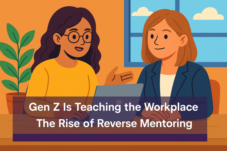 a Gen Z professional mentoring a senior executive in a modern office, representing cross-generational collaboration
