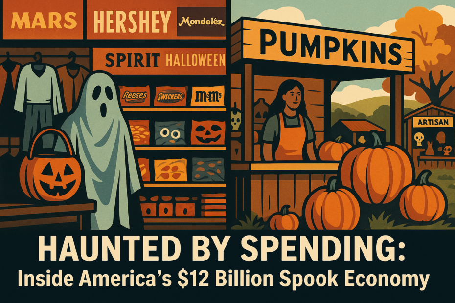 Corporate Halloween profits versus small local businesses — contrasting scenes of candy and costume retail