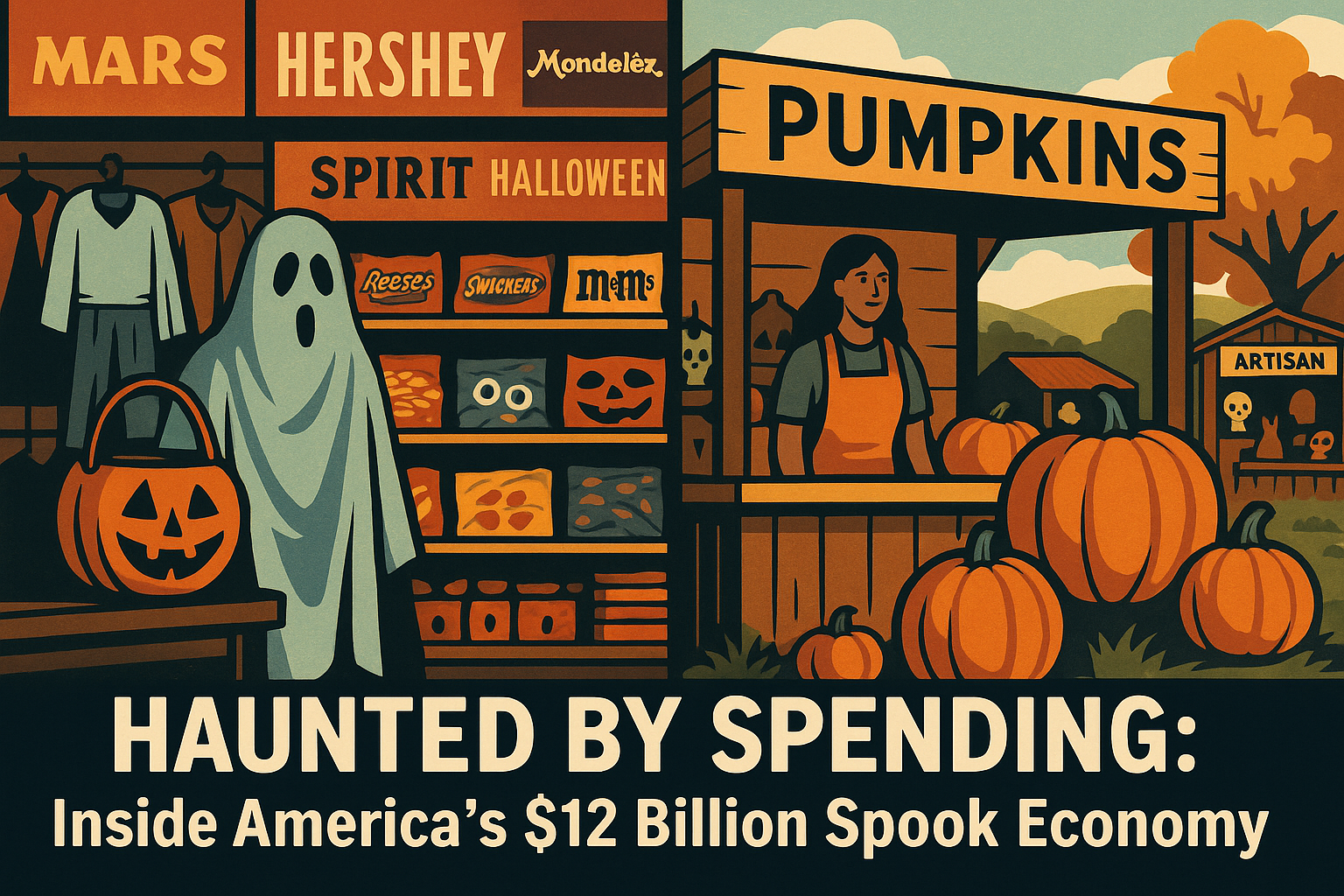Corporate Halloween profits versus small local businesses — contrasting scenes of candy and costume retail