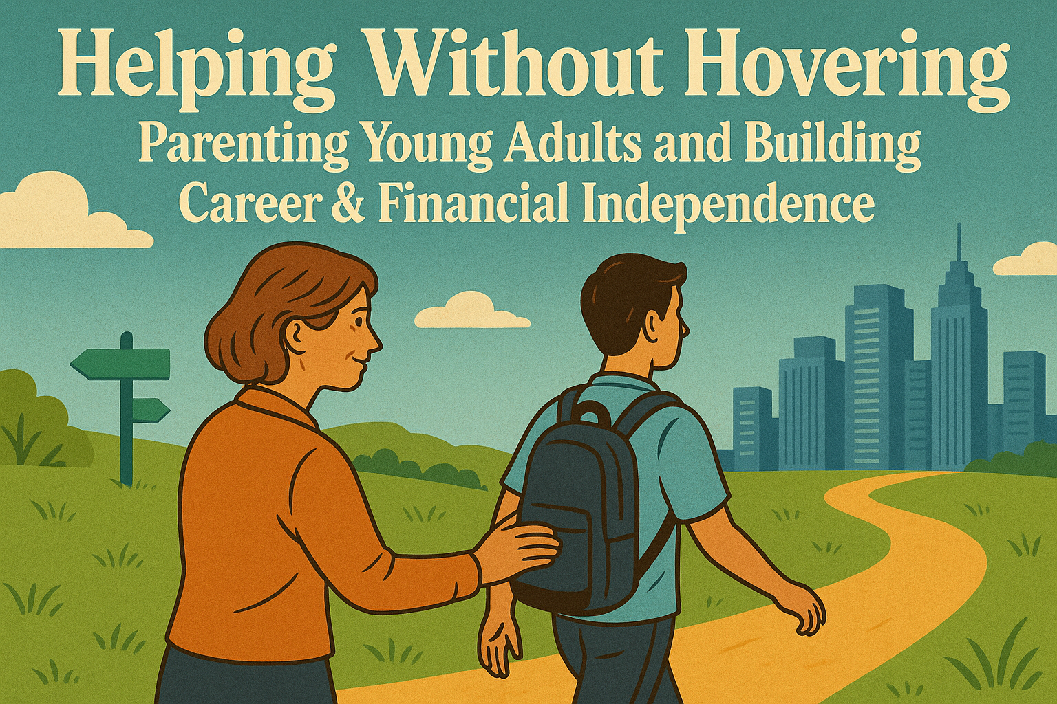 Parent supporting young adult from behind as they step forward independently toward career success.