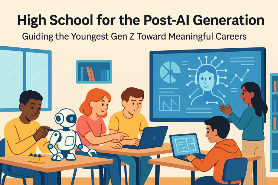 High school students collaborating with robotics and digital tools in a future-focused classroom setting