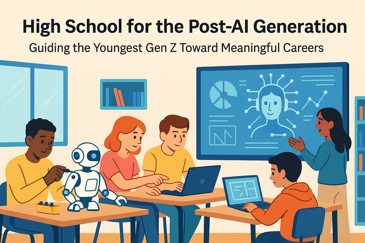 High school students collaborating with robotics and digital tools in a future-focused classroom setting