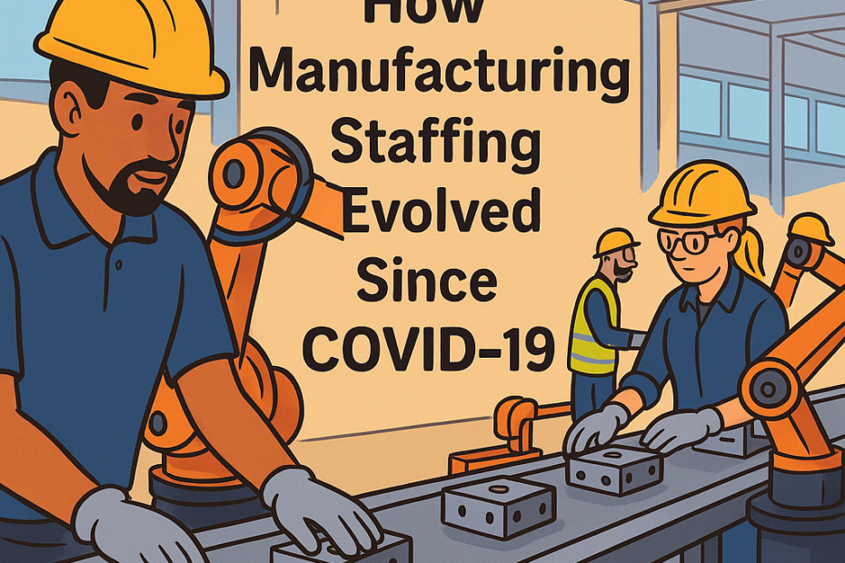 Modern manufacturing workforce operating alongside automation in a smart factory environment.