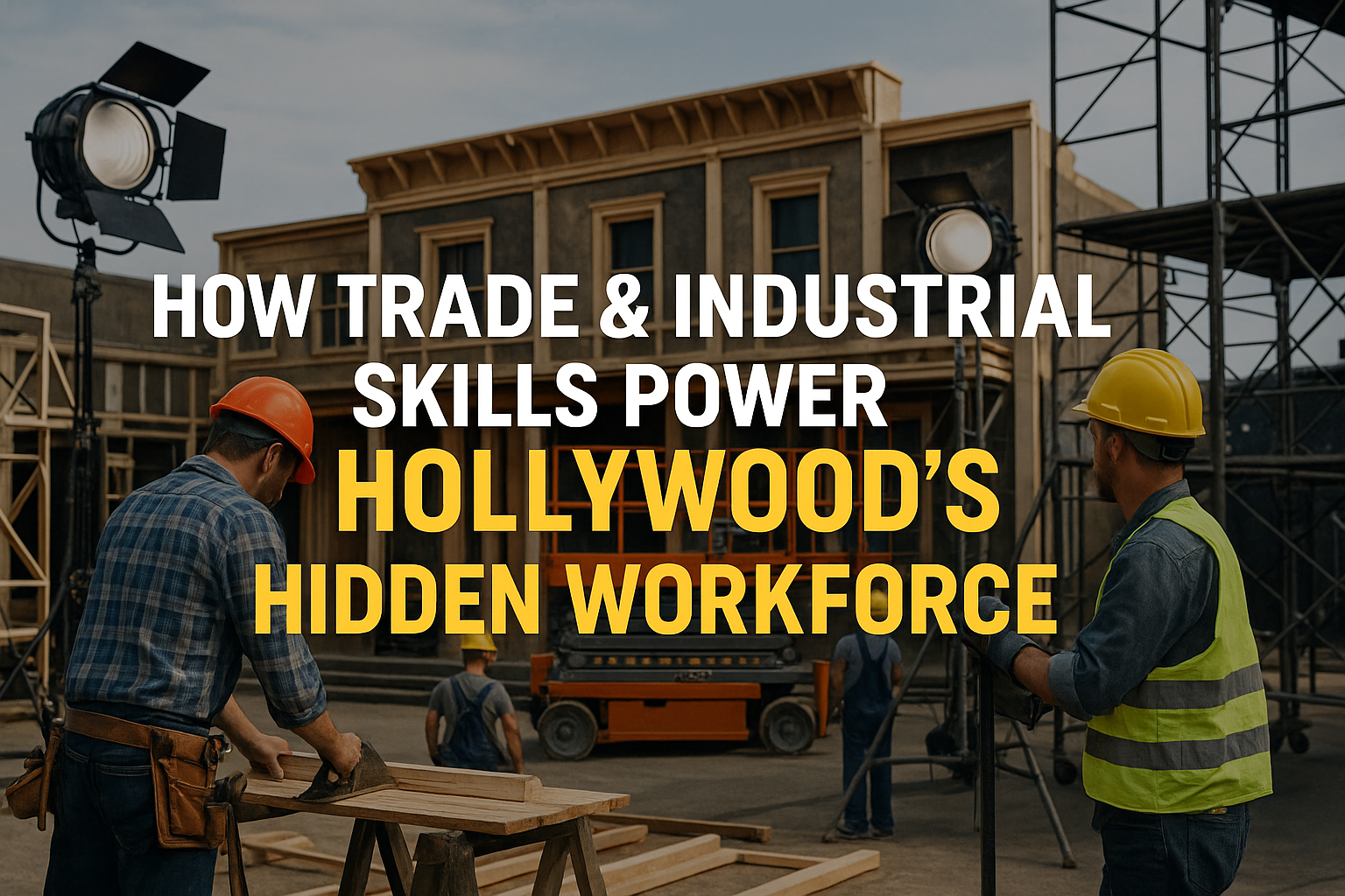 Skilled trades crew working on a Hollywood film set under construction with overlay title “How Trade & Industrial Skills Power Hollywood’s Hidden Workforce."