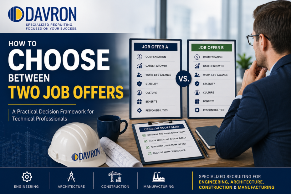DAVRON guide comparing two job offers based on compensation, career growth, work-life balance, stability, benefits, and responsibilities.