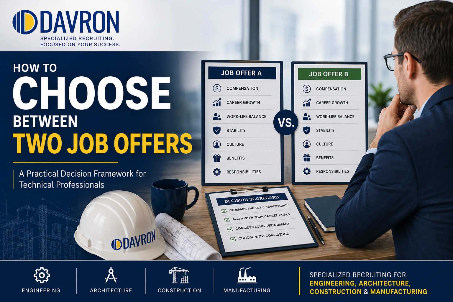 DAVRON guide comparing two job offers based on compensation, career growth, work-life balance, stability, benefits, and responsibilities.