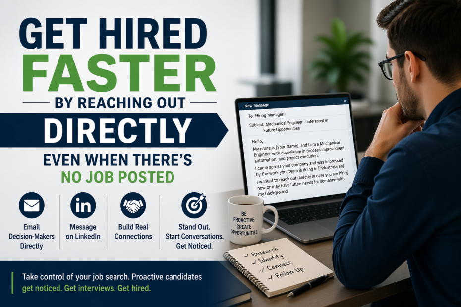 Candidate writing a direct outreach email to a hiring manager with job search icons for email, LinkedIn, networking, and standing out