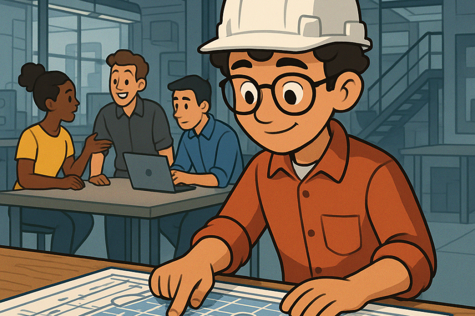 Engineering intern collaborating with team on innovative project in modern workplace.