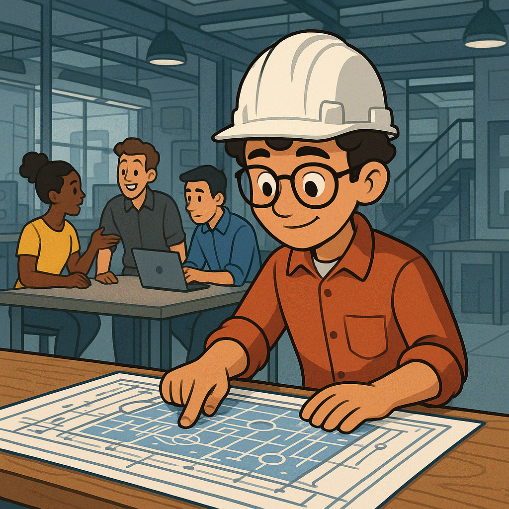 Engineering intern collaborating with team on innovative project in modern workplace.