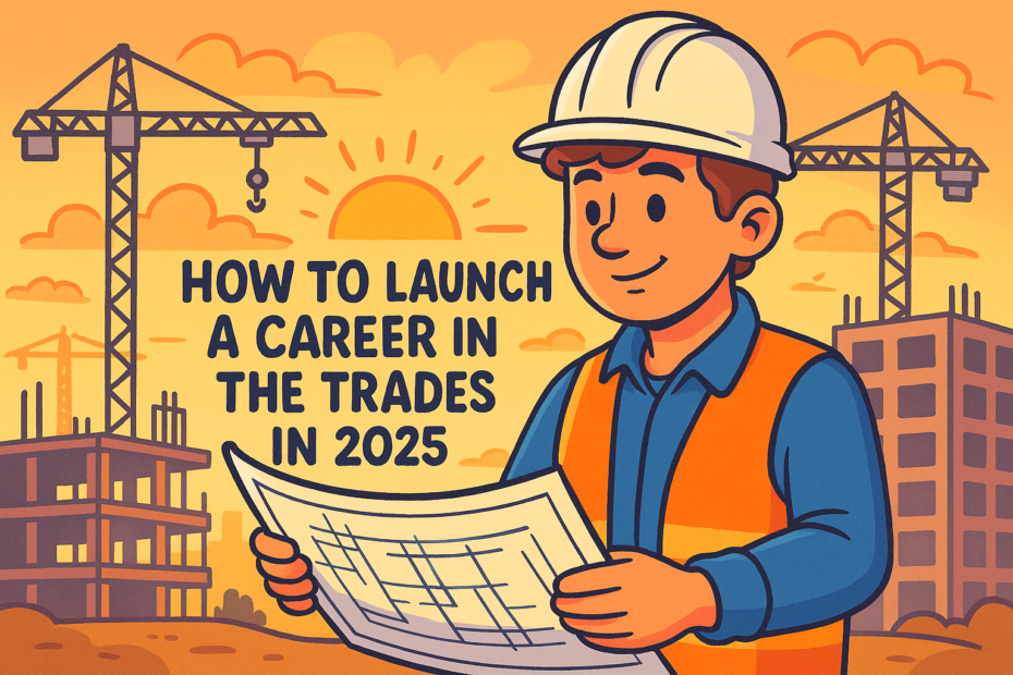Apprentice reviewing blueprints on a construction site — launching a career in the trades in 2025.”