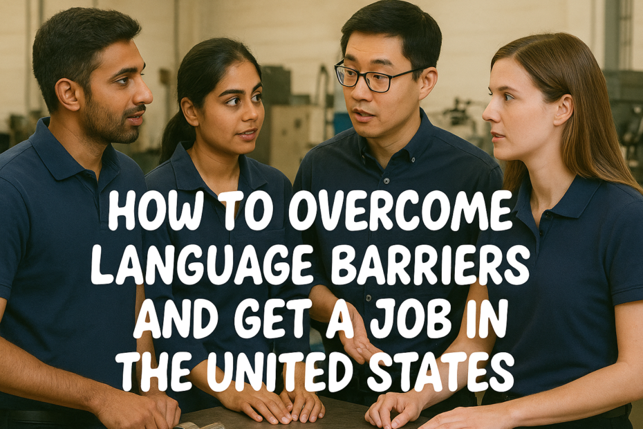 Diverse professionals in a U.S. workplace collaborating across languages to achieve career success.