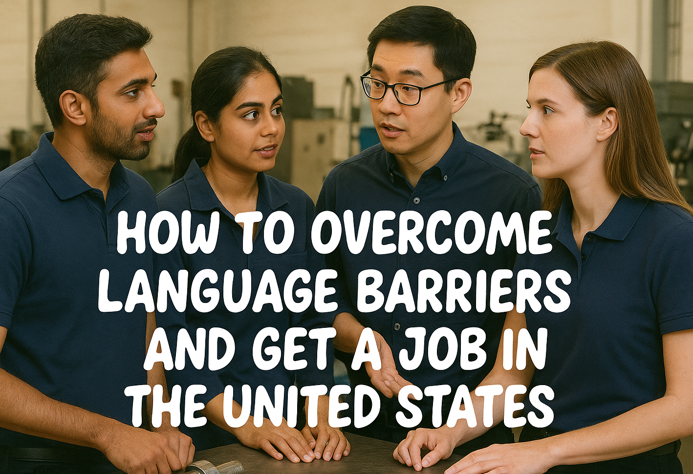 Diverse professionals in a U.S. workplace collaborating across languages to achieve career success.