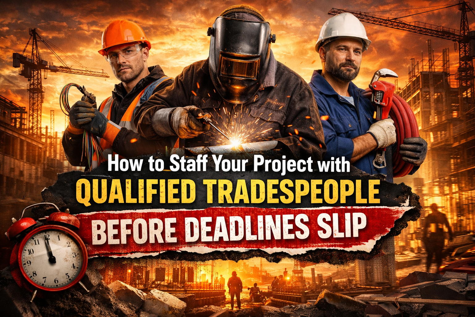 Bold cover image for an article about staffing projects with qualified tradespeople before deadlines slip, featuring three skilled workers on a dramatic construction site at sunset with large headline text emphasizing urgency.