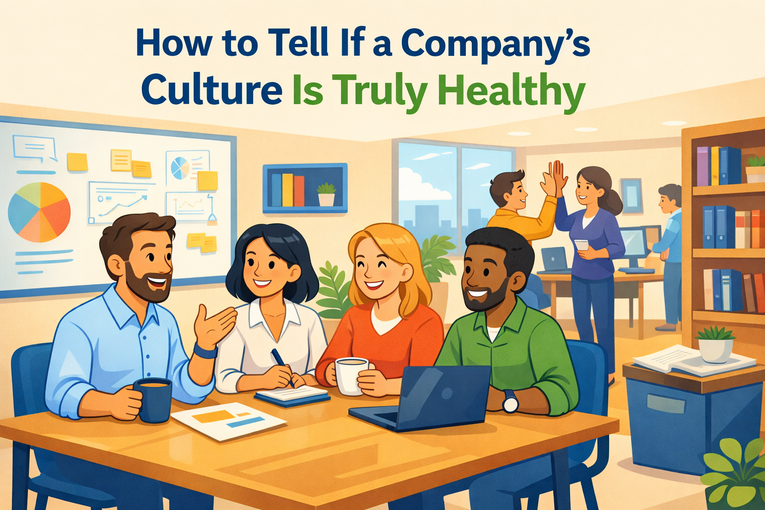 Employees collaborating in a healthy company culture with open communication and trust