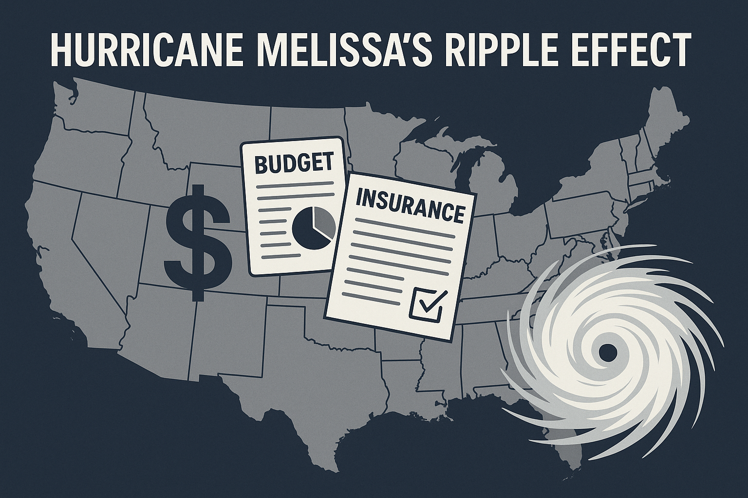 Hurricane Melissa offshore with U.S. business and budget impacts illustrated by economic overlays.