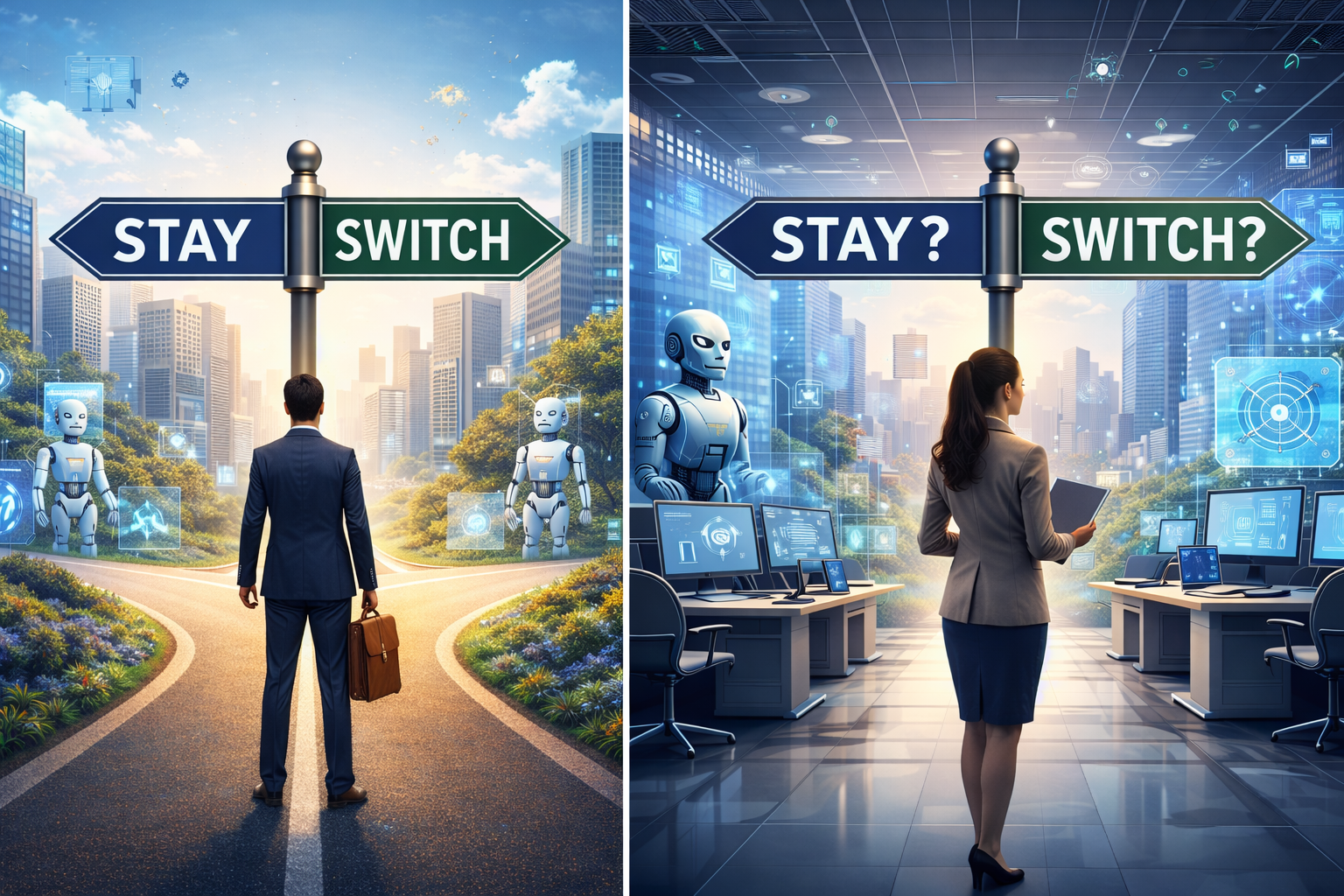 Professional deciding whether to change jobs in 2026 amid AI-driven job market changes