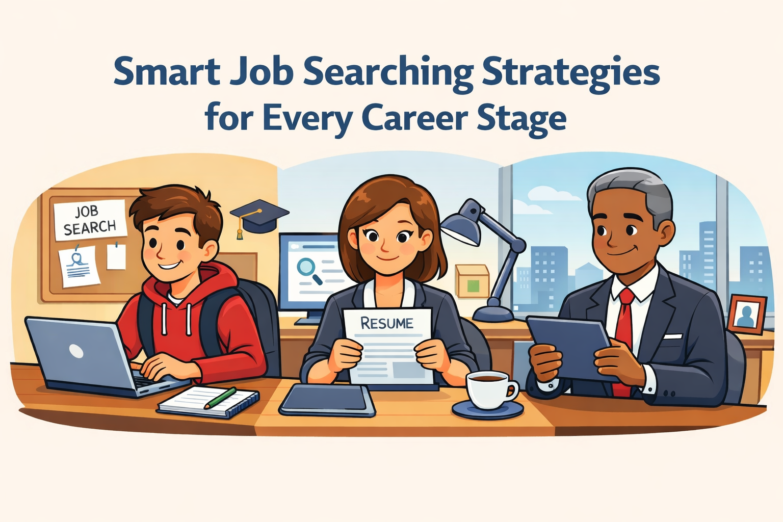 Professionals at different career stages managing a structured and focused job search
