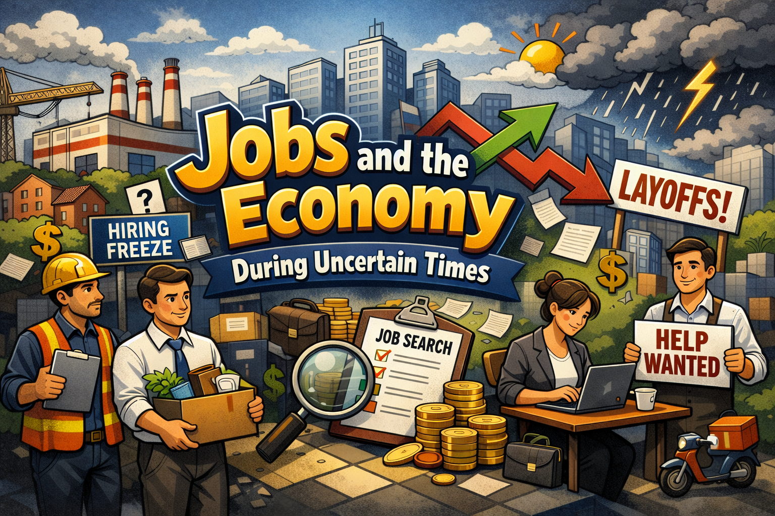 City workers navigating economic uncertainty reflected by financial charts and market data.