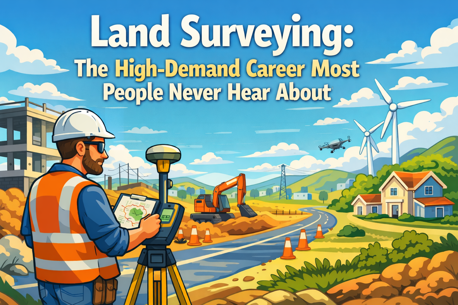 Professional land surveyor using GPS equipment at an active construction site