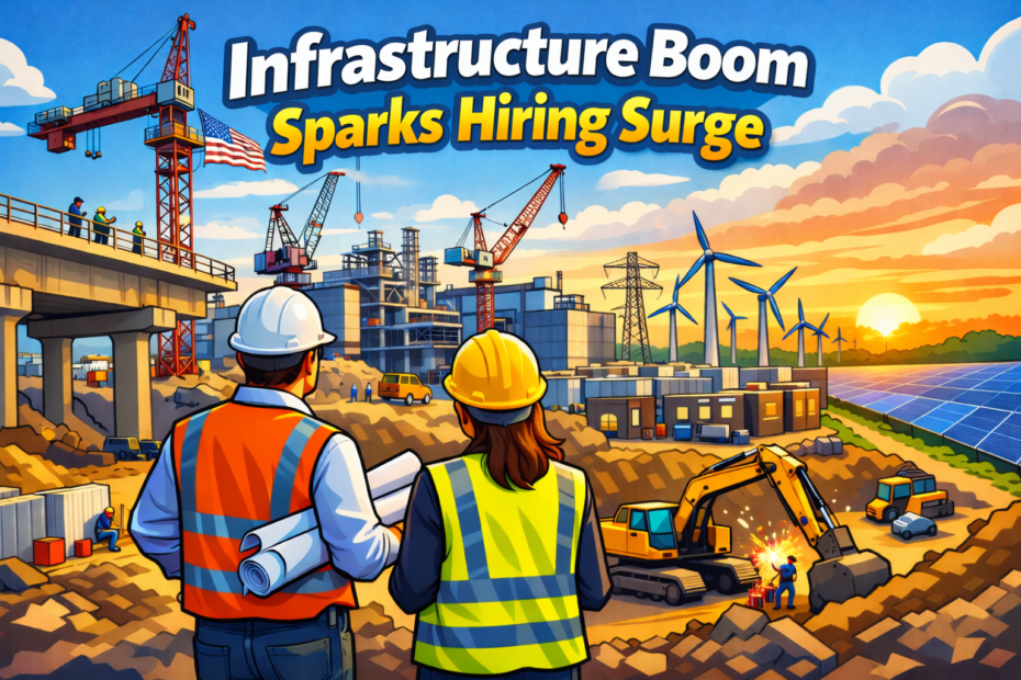 Cartoon-style illustration of engineers overlooking a large construction site with cranes, renewable energy turbines, solar panels, and infrastructure projects, titled “Infrastructure Boom Sparks Hiring Surge.”