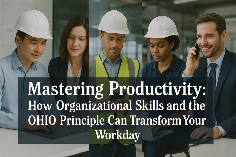A professional banner image featuring five diverse professionals—an engineer, businesswoman, construction worker, technician, and salesperson—each working with digital tools in their respective environments. Overlaid text reads, “Mastering Productivity: How Organizational Skills and the OHIO Principle Can Transform Your Workday” in a clean, stylish font on a dark blue transparent banner, symbolizing focus, efficiency, and cross-industry productivity.