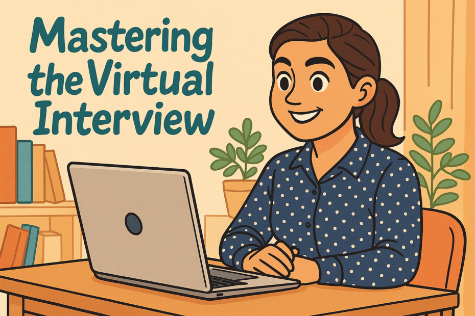 Candidate confidently participating in a virtual job interview from home office setup
