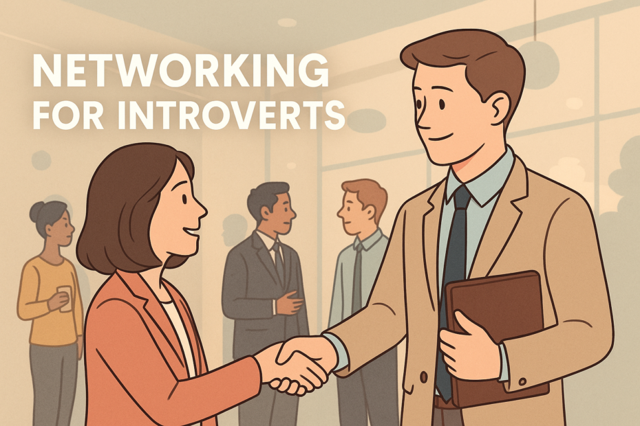Introverted professional having a one-on-one networking conversation at a business event