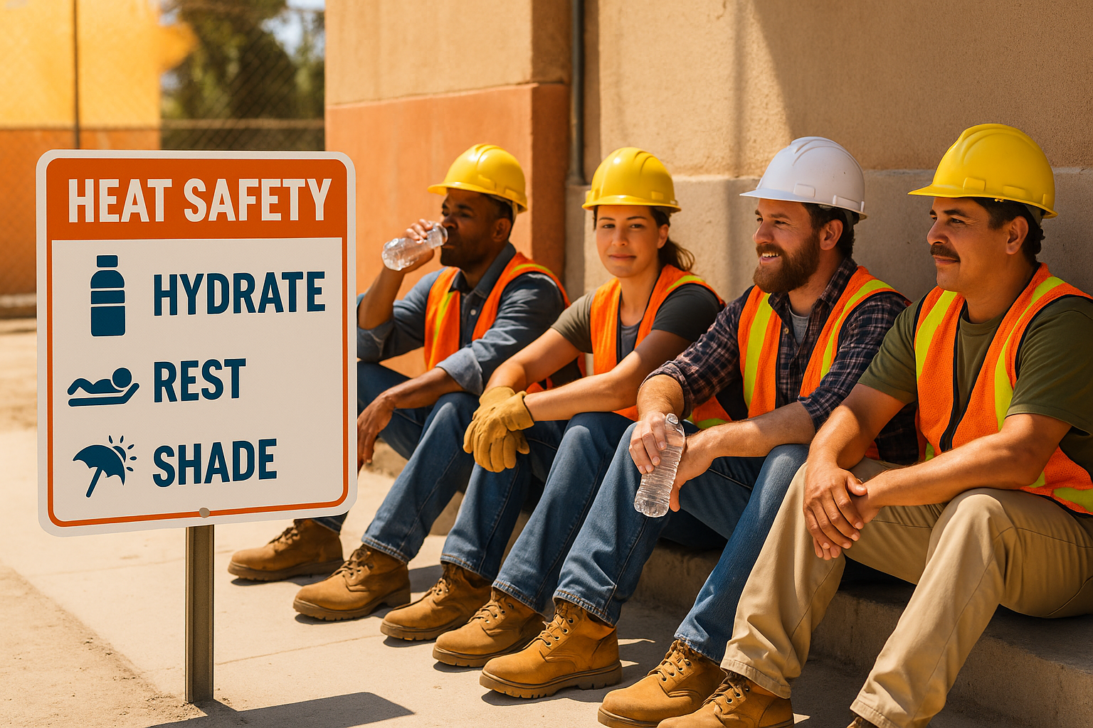 Construction workers under shade following OSHA heat prevention plan on a hot day.