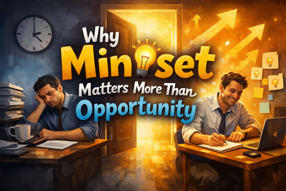 Two employees in identical jobs showing different levels of engagement and success, illustrating how mindset impacts career growth