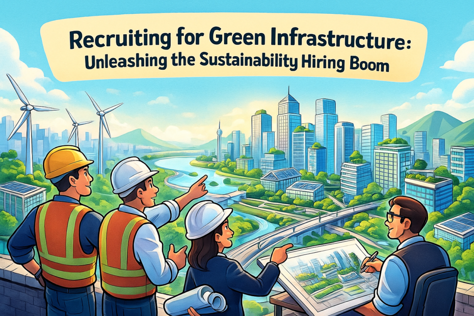 Engineers and workers installing green infrastructure elements on a sustainable urban development project.