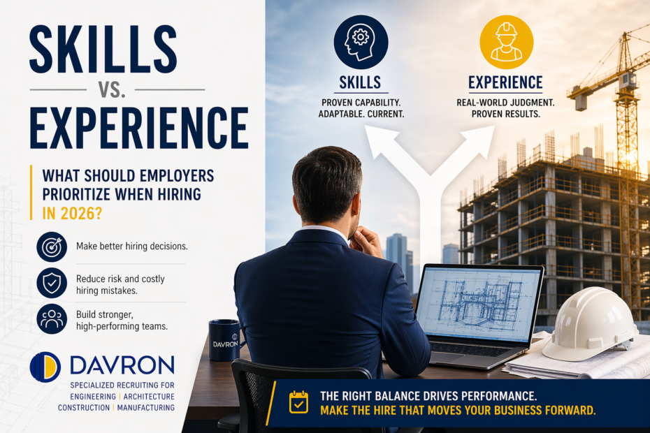 Professional cover image for a 2026 hiring article showing a business leader evaluating skills vs. experience, with engineering and construction visuals, bold green and navy branding, and DAVRON recruiting messaging