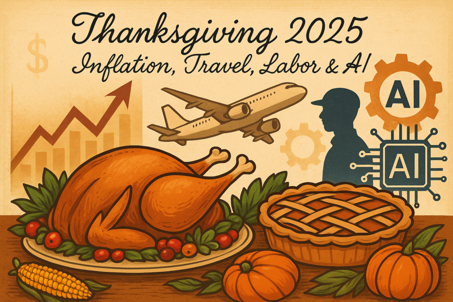 Image showing a Thanksgiving meal, airplane, laborer, AI and Inflation model.