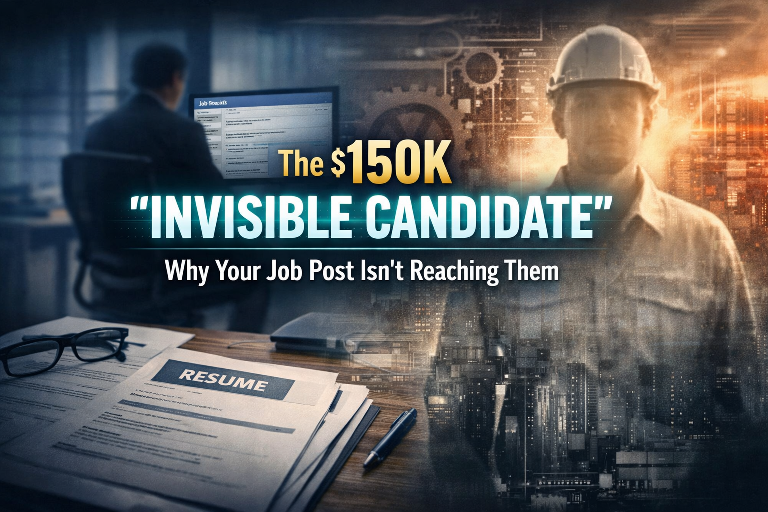 Cover image for an article about hidden technical talent, showing a recruiter reviewing job postings and resumes on one side and a semi-transparent industrial worker on the other, symbolizing the “invisible candidate” employers fail to reach.