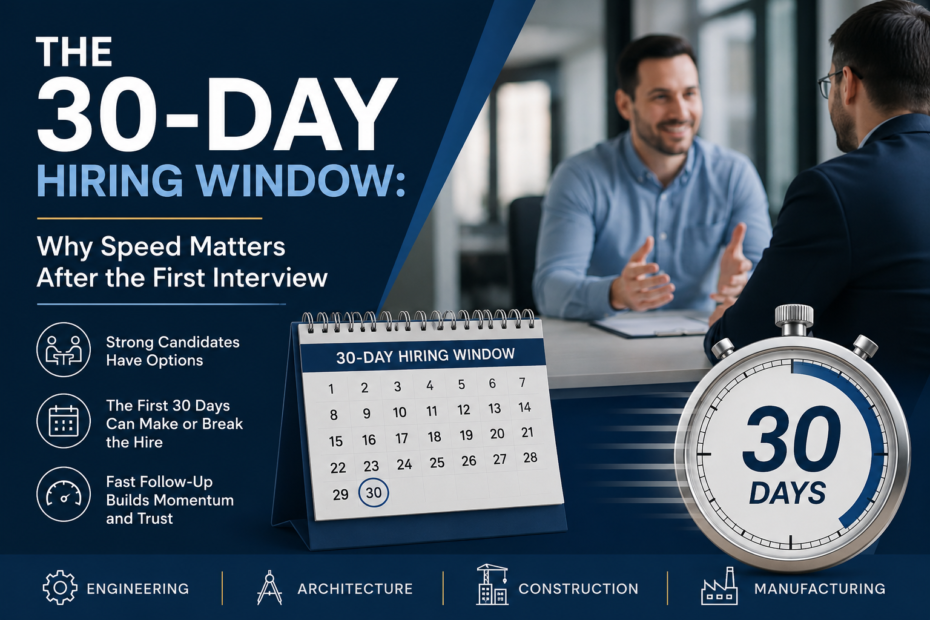 Corporate hiring graphic showing a 30-day hiring window, first interview follow-up, calendar, stopwatch, and business interview scene for technical recruiting