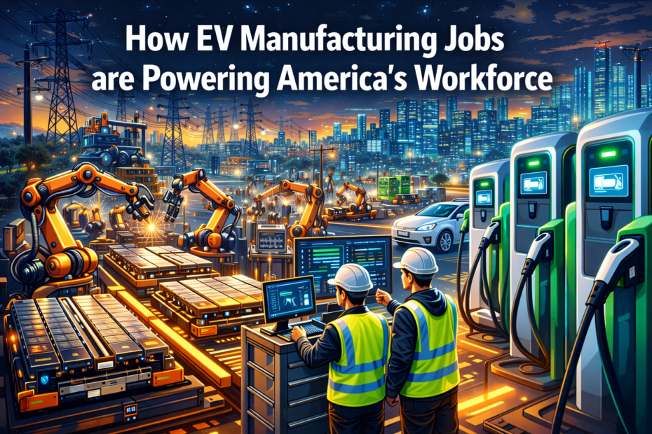 Inside a modern EV battery gigafactory with robotic assembly lines and engineers overseeing electric vehicle production.