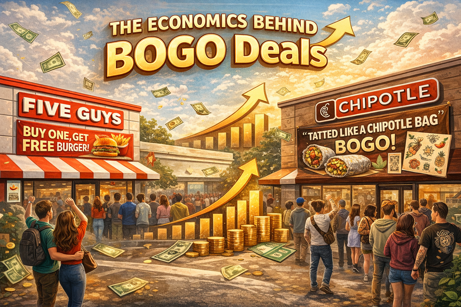 Cartoon-style illustration showing crowds outside Five Guys and Chipotle restaurants advertising BOGO deals, with rising profit charts and money graphics under the title “The Economics Behind BOGO Deals.”