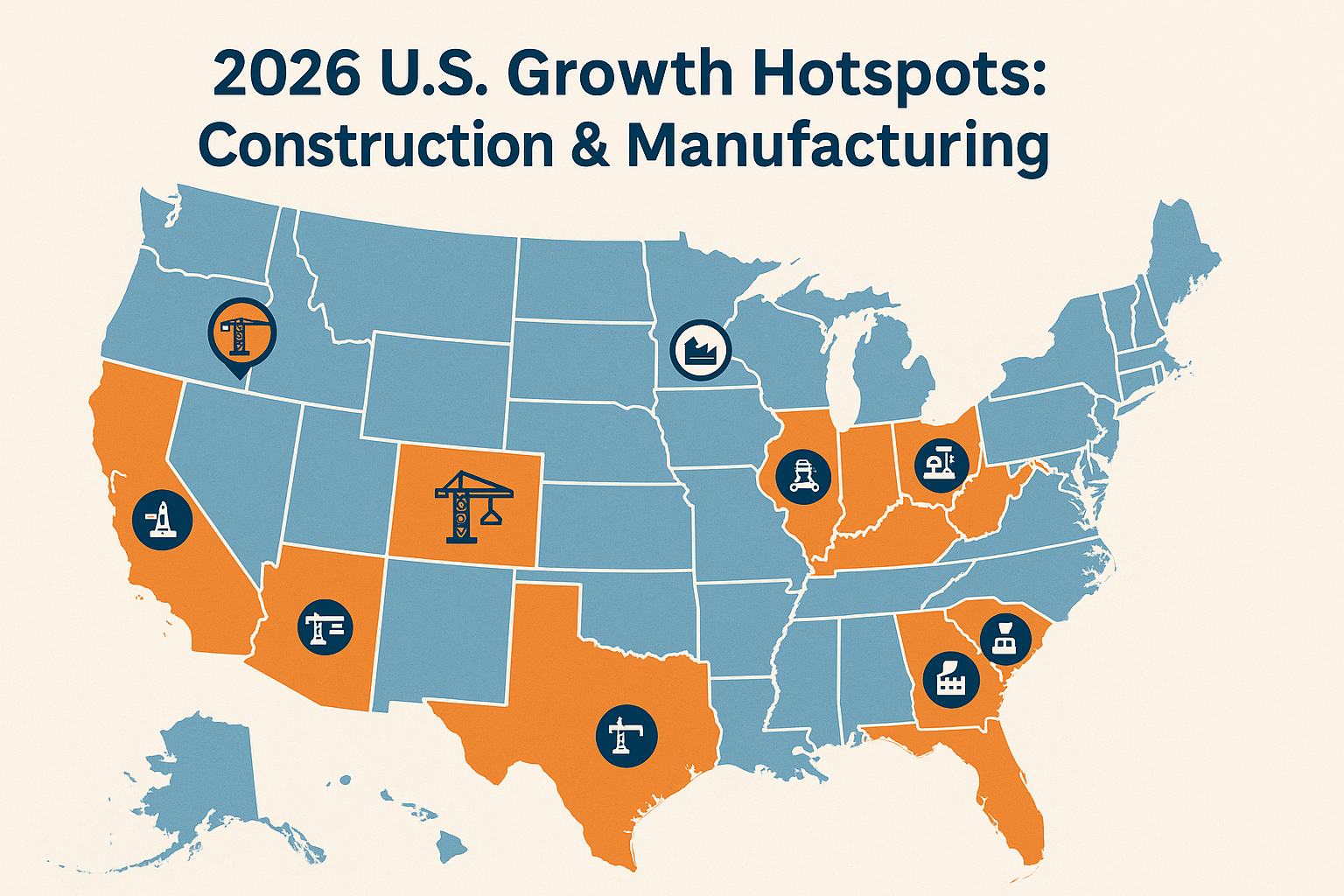 Map illustrating the fastest-growing states for construction and manufacturing jobs in 2026, highlighting Texas, Florida, Georgia, and other high-growth regions