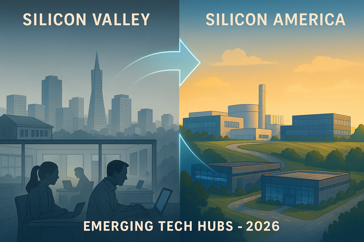 Split illustration showing Silicon Valley contrasted with Silicon America, highlighting emerging tech hubs in 2026 across the United States